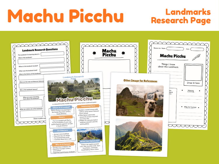 Machu Picchu Landmark Research Project | Famous Landmark Worksheets