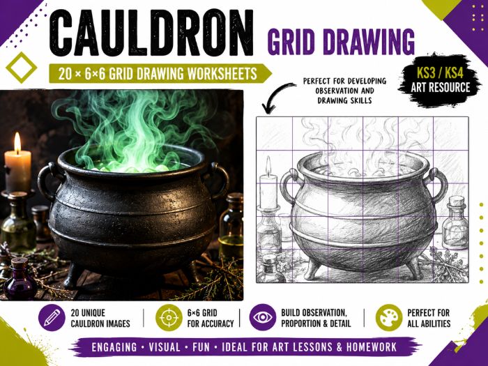 Halloween Cauldron Grid Drawing Worksheets | 20 Art Activities | KS3 & KS4