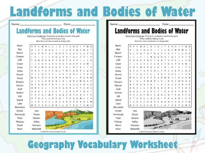 Landforms and Bodies of Water Word Search | Geography Vocabulary Worksheet