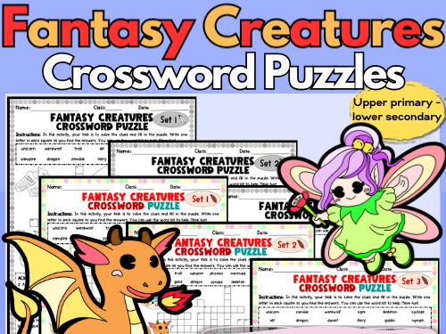Fantasy Creatures Color / B&W Differentiated Crossword Puzzles with Word Bank