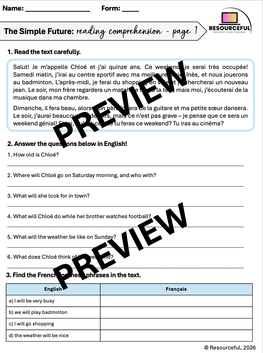 Simple Future Verb Example French Simple Future GCSE-style Reading Comprehension Worksheets (x2 ...