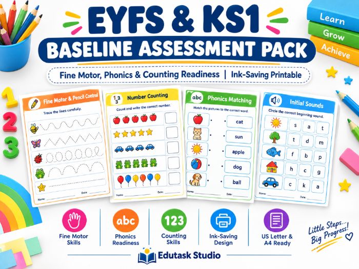 EYFS & KS1 Baseline Assessment Pack | Early Years Fine Motor & Phonics Readiness Worksheets