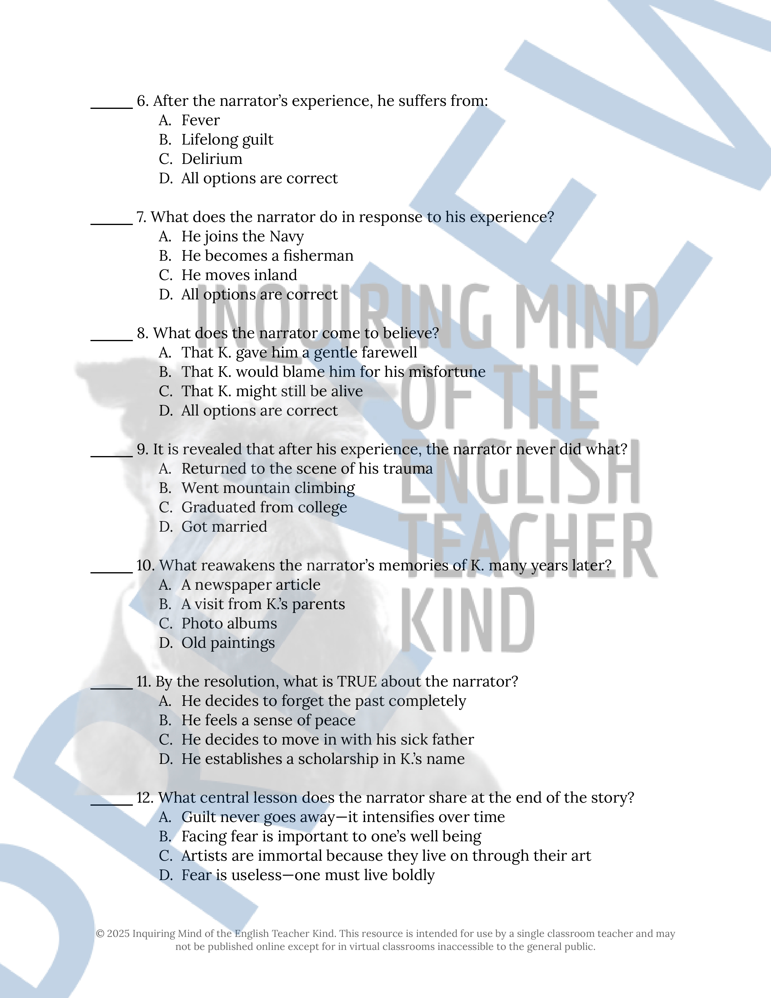 "The Seventh Man" by Haruki Murakami Quiz and Answer Key | Story of Survival | Teaching Resources