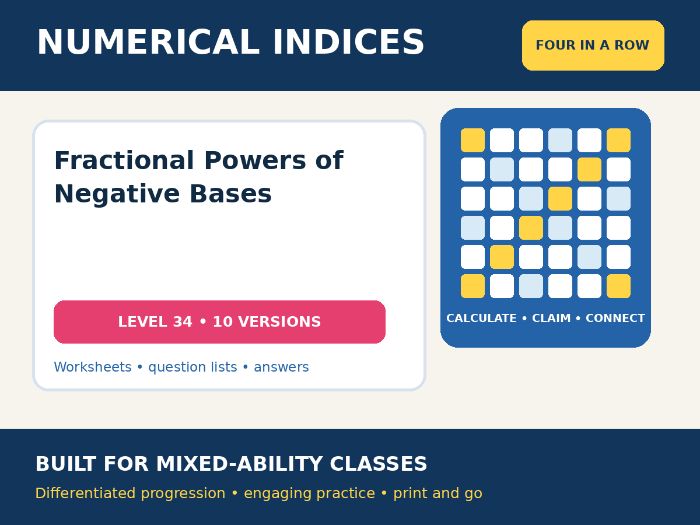 Numerical Indices – Fractional Powers of Negative Bases – Four in a Row – 10 Worksheets + Answers