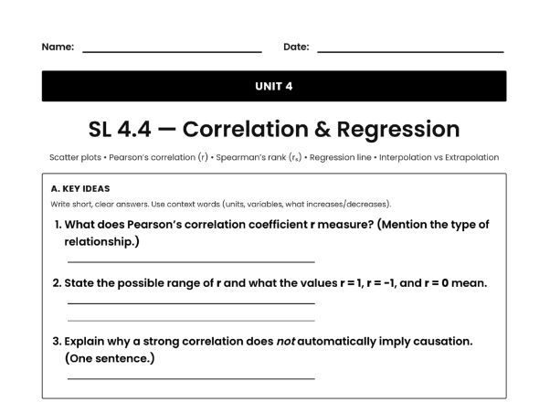 IB Math AI Worksheet SL 4.4 - Correlation & Regression