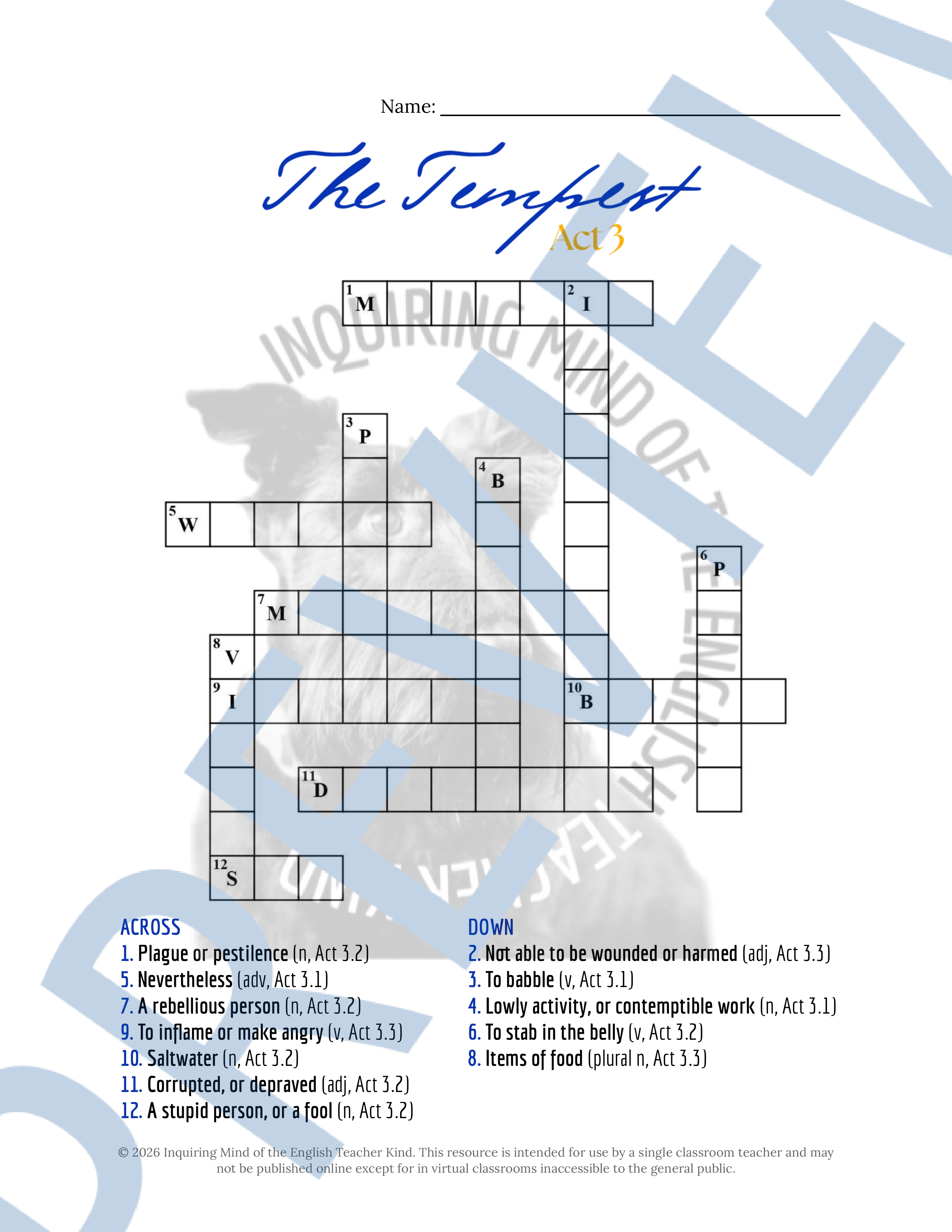 Shakespeare's The Tempest Act 3 Vocabulary Activities | Crossword ...