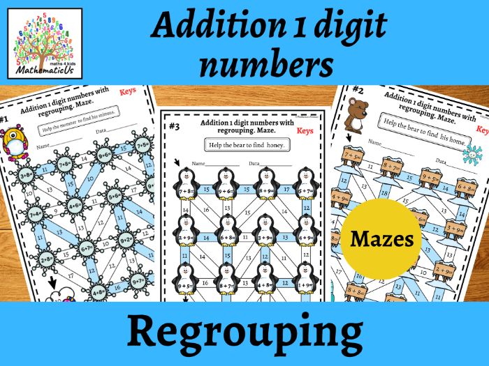 Addition 1 digit numbers with regrouping Christmas mazes