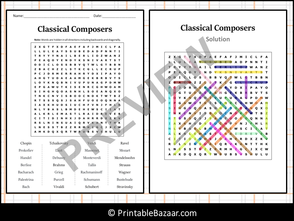 Classical Composers Word Search Puzzle Worksheet Activity Teaching Resources