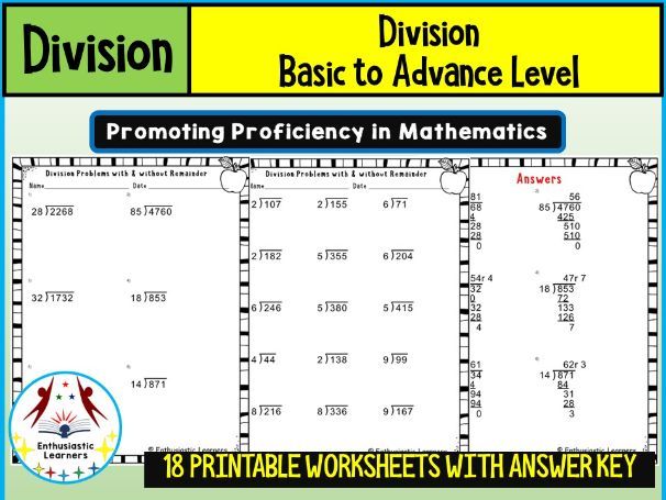 Division Basic to Advanced Level Worksheets Math Problems | Teaching ...