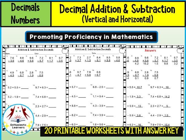 Decimal Numbers Addition and Subtraction – Vertical & Horizontal Format Worksheets Math Problems