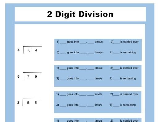 2 digit by 1 digit short division - Bus stop method - With and without remainders
