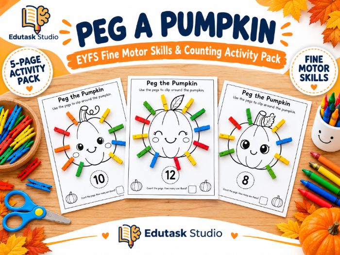 Peg a Pumpkin | EYFS Fine Motor Skills & Counting Activity Worksheets (5-Page Pack)