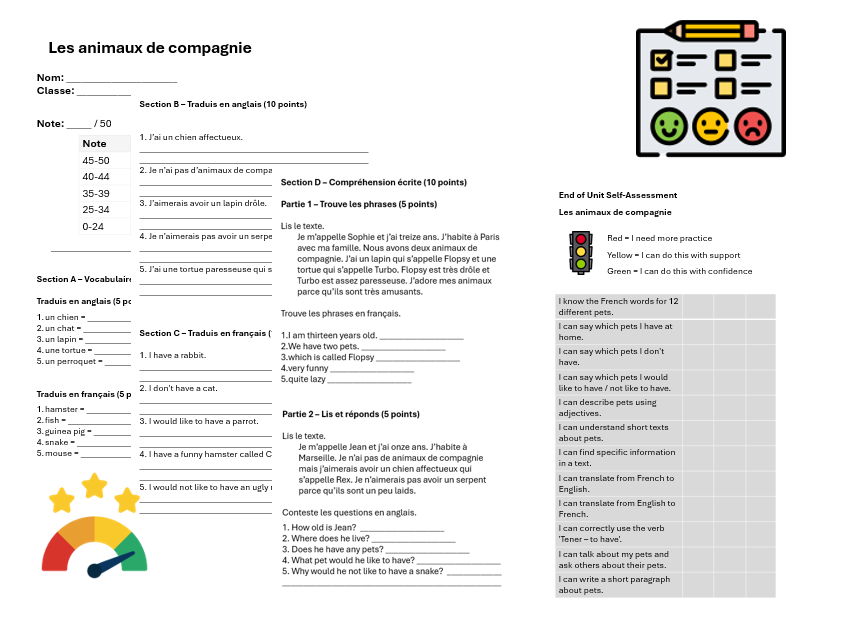 Pets (French) – Assessment, Mark Scheme & Self Assessment