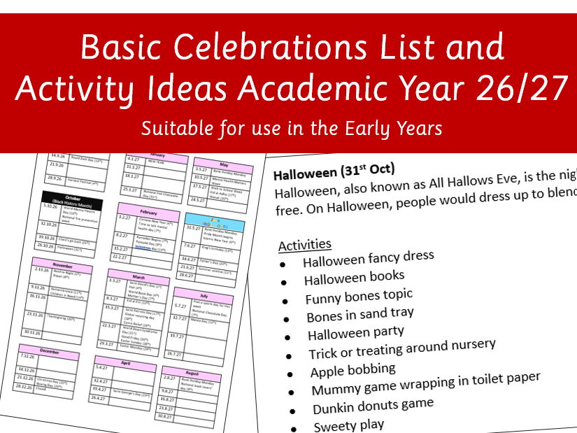 Basic Celebrations List and Activity Ideas Academic Year 26/27