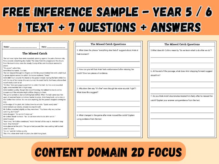 FREE Year 5/6 Inference Reading Comprehension | domain 2d | Fiction Sample + Questions+ answers