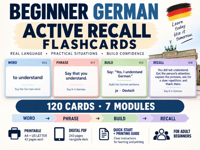 Beginner German: 120 Active Recall Cards
