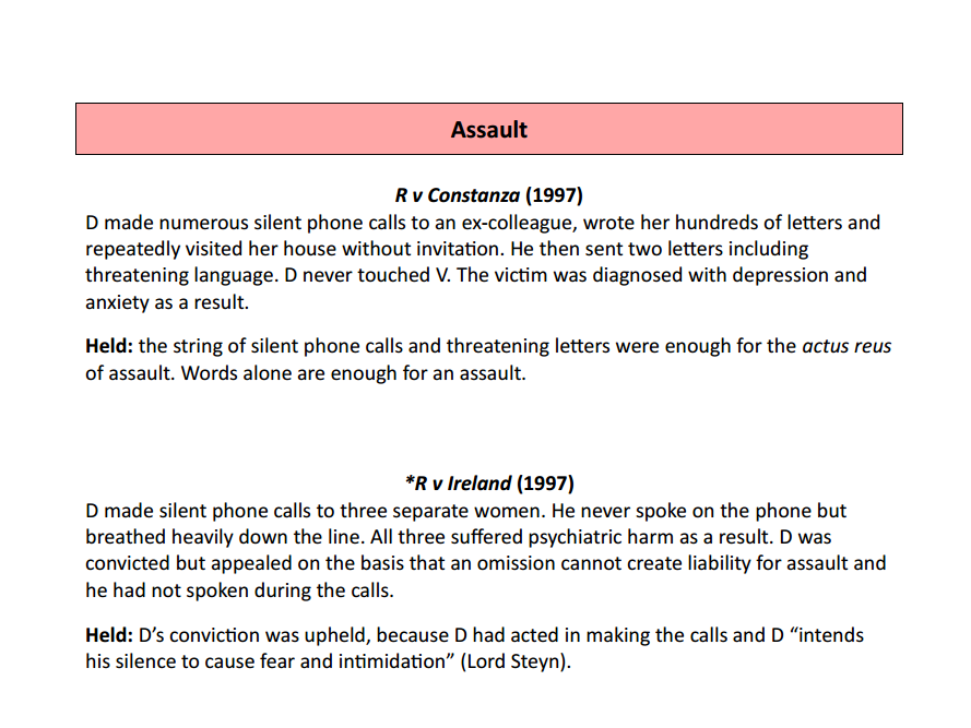 Non-fatal offences - case and statute list for AQA A-level law