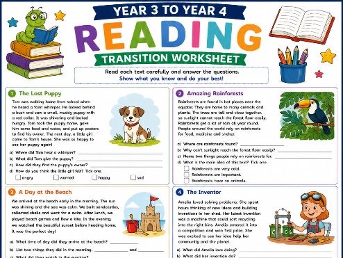 Year 3 to Year 4 Reading Comprehension Worksheet | KS2 Transition Reading Practice | End of Year