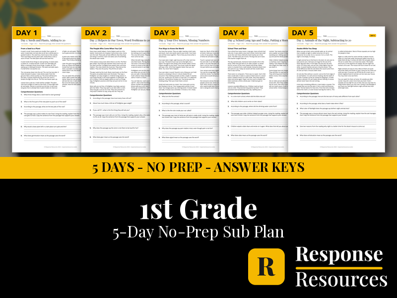1st Grade Emergency Sub Plans - 5 Days No Prep All Subjects Print and Go
