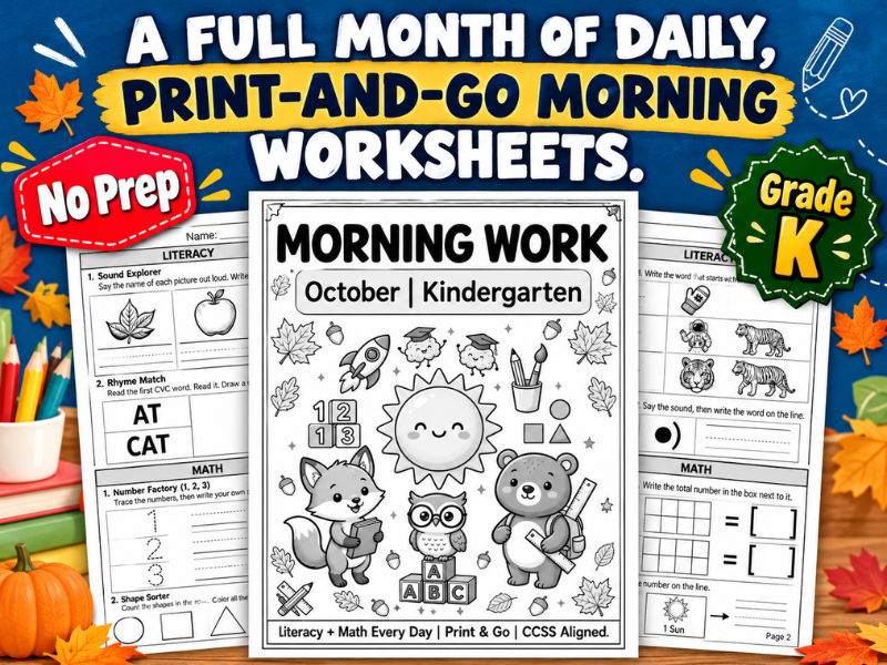 October Morning Work Kindergarten Worksheets — Daily ELA & Math Spiral Review (20 Days)