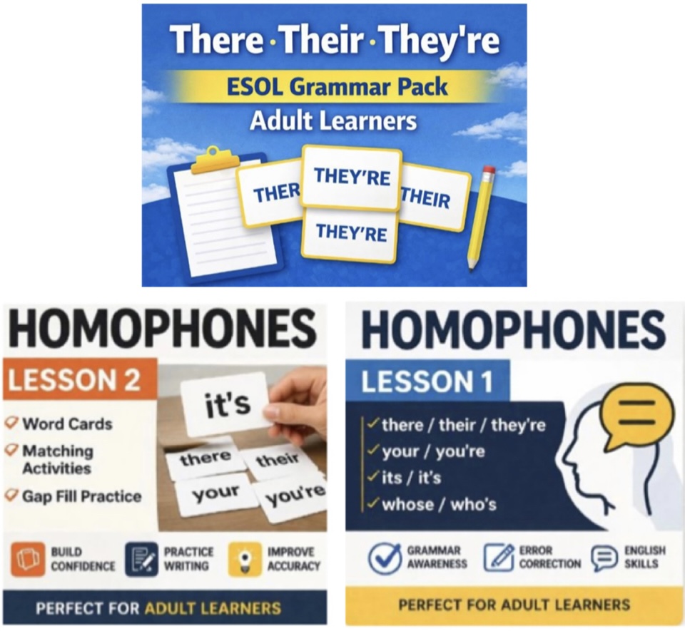 Homophones Super Bundle (3 Resources) | ESOL / EAL E2–E3 | Full Lessons + Targeted Practice | There, Their, They’re + More