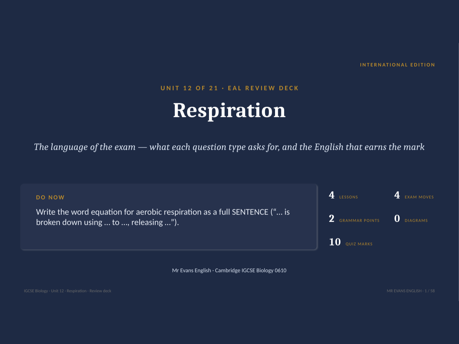 IGCSE Biology 0610 U12 Respiration — EAL