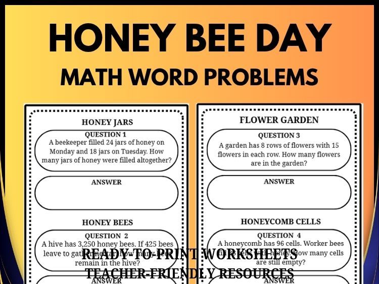 Honey Bee Math Word Problems | 40 Questions & Answers | Grades 2–8