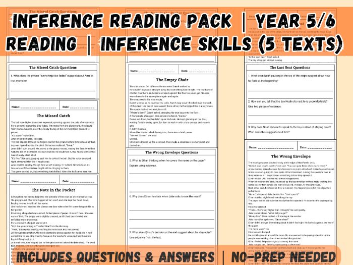Year 5/6 Inference Reading Comprehension | Content Domain 2d | 5 Fiction Texts Ks2& Questions | KS