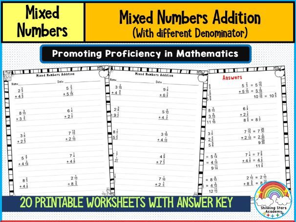 Mixed Numbers Addition with Different Denominators Worksheets | Fraction Addition Practice