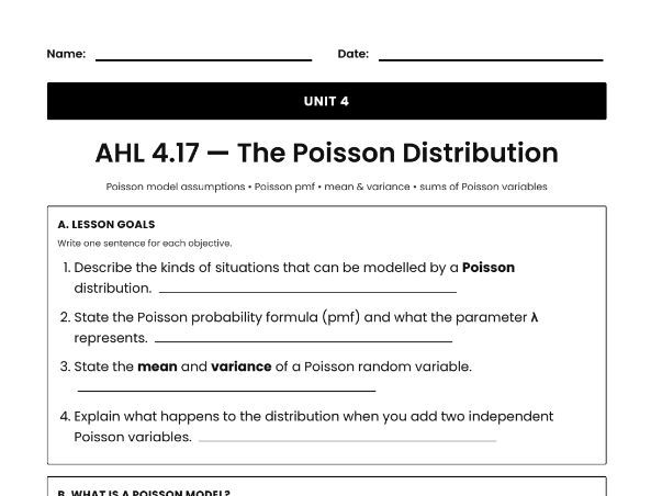 IB Math AI Worksheet AHL 4.17 - The Poisson Distribution