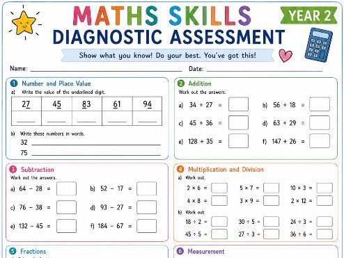 Year 2 Maths Skills Diagnostic Assessment | KS1 Maths Baseline Assessment | Start of Year 2