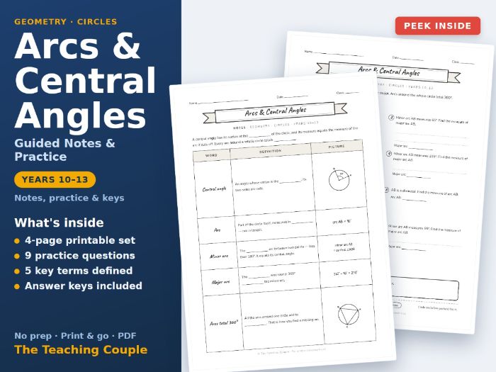 Arcs & Central Angles Guided Notes & Practice + Answer Keys