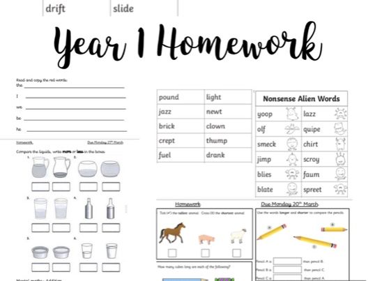 Year 1 Homework Phonics, maths, measurement, handwriting, 3 sheets
