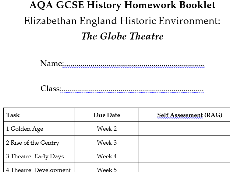 Homework Booklet: AQA Elizabethan England Historic Environment: The Globe