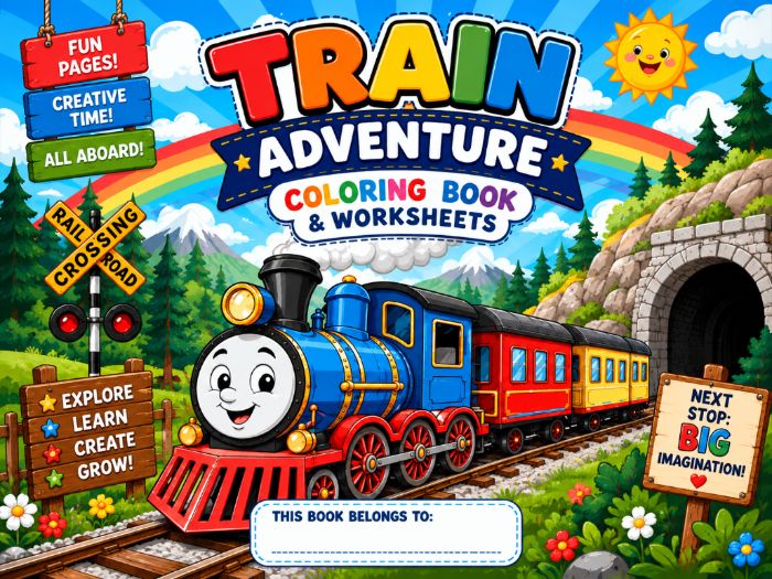 Train Coloring Book & Worksheets | Train Adventure Activities for Kindergarten to 3rd Grade