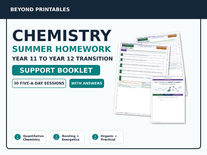 Chemistry Summer Homework Booklet A LEVEL PREPARATION  — Year 11 to Year 12 Transition — Support