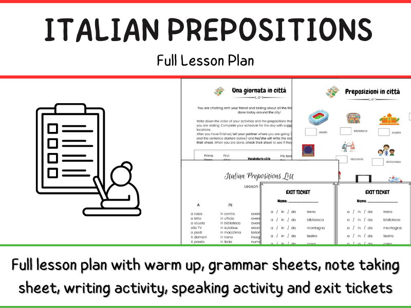 Italian Prepositions - Full Lesson Plan with Activities and Exit Tickets