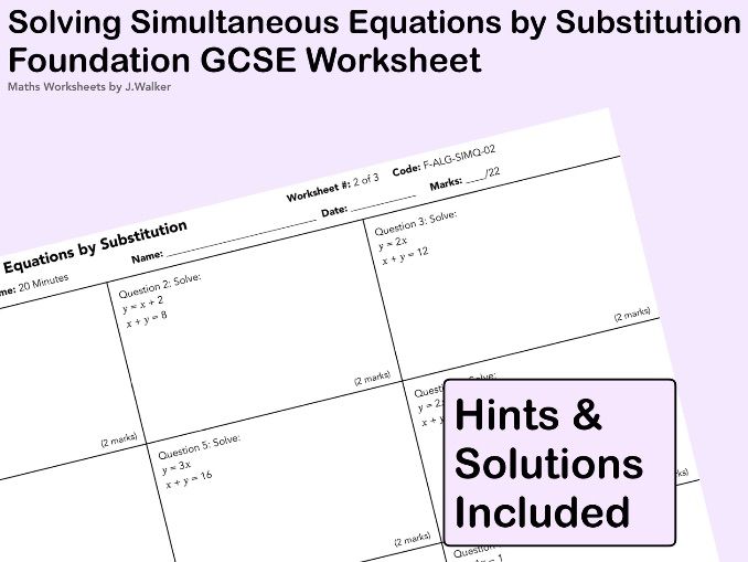 GCSE Maths Worksheet: Solving Simultaneous Equations by Substitution - Foundation Tier