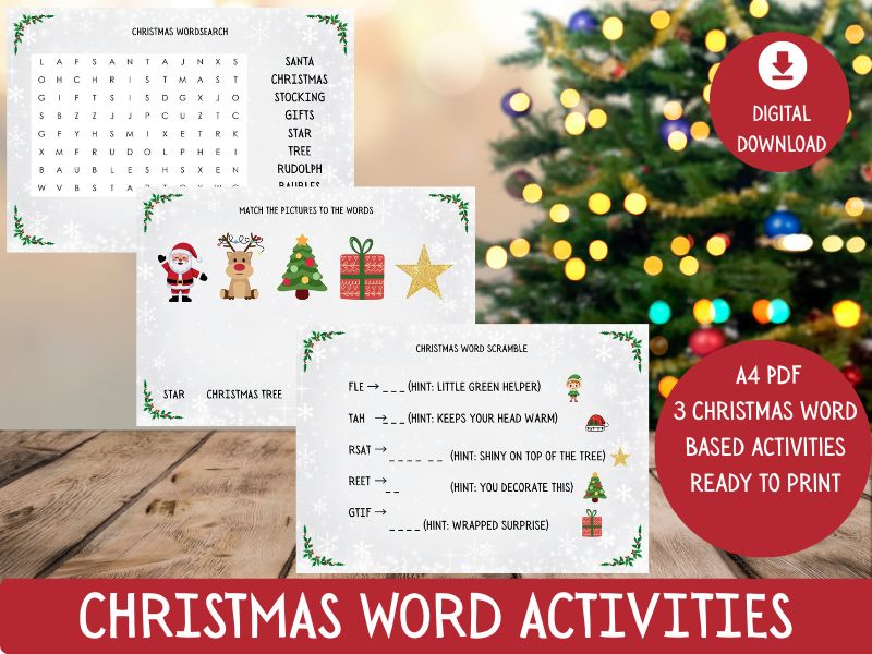 EYFS & KS1 Christmas Word Activities – Word Search, Matching & Scramble (Printable PDF)