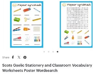 Scots Gaelic Stationery and Classroom Vocabulary Worksheets Poster Wordsearch
