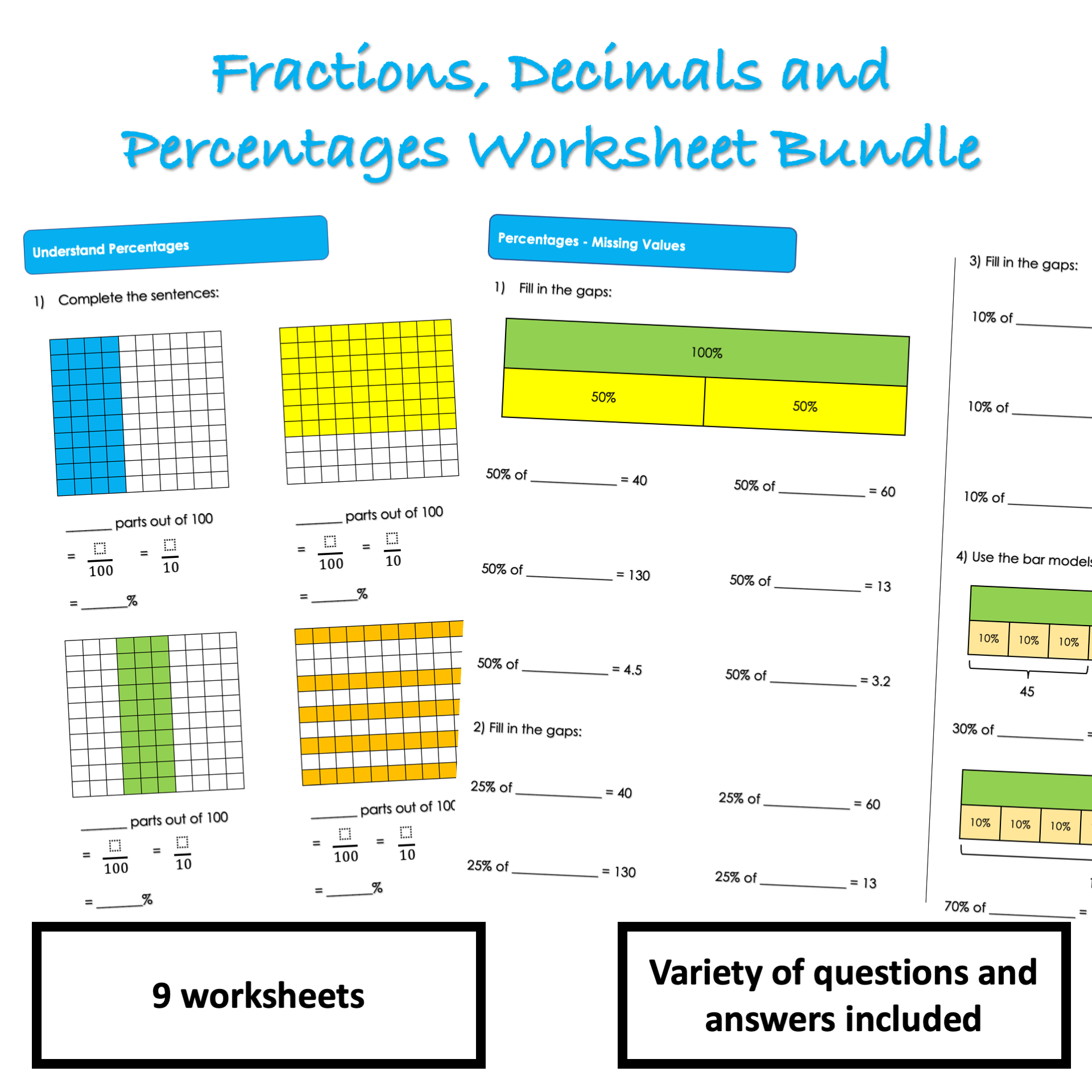 Fractions, Decimals and Percentages Worksheet Bundle
