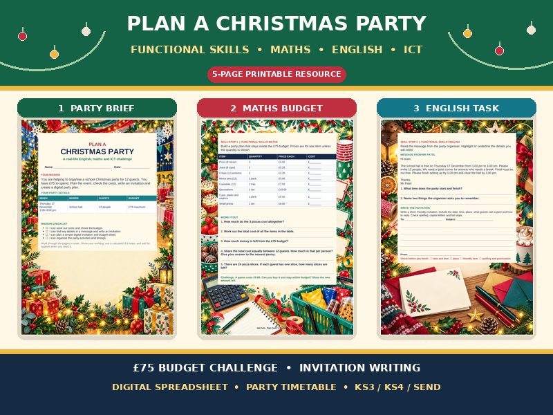 Plan a Christmas Party | Functional Skills Maths, English and ICT | KS3 KS4 SEND