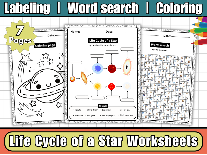 Life Cycle of a Star Worksheets,Labeling,Diagram,Word Search,Coloring-Space & Astronomy Science
