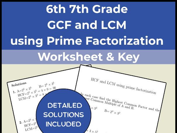 6th 7th Grade GCF and LCM using Prime Factorization Worksheet & Key