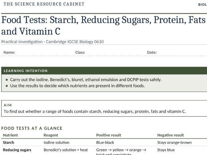 IGCSE Biology 0610: Food Tests Practical