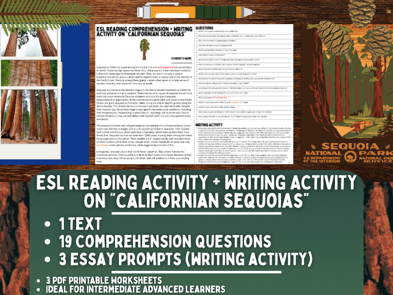ESL Reading Comprehension + Writing Activity Worksheets - Californian Sequoias