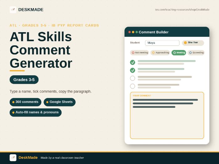 ATL Comment Generator | Grades 3-5 | IB PYP Report Cards