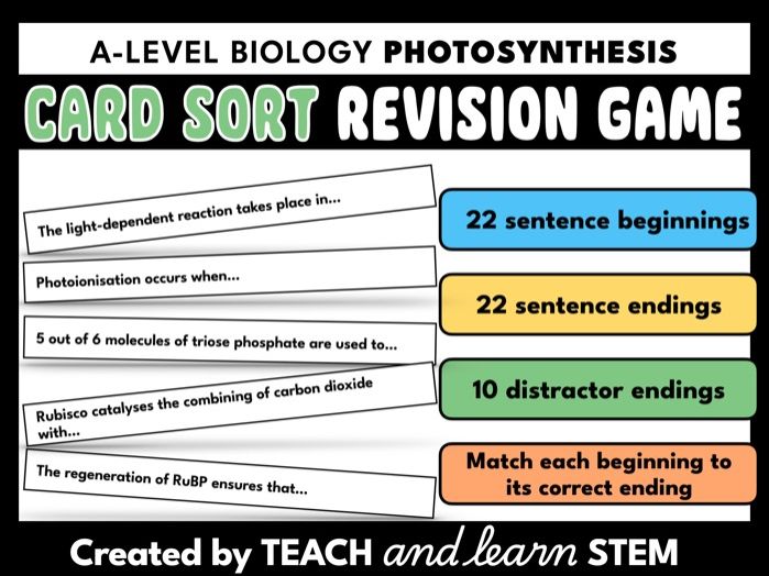 Photosynthesis A-level Biology Card Sort Revision Game | Consolidation | Cover Work