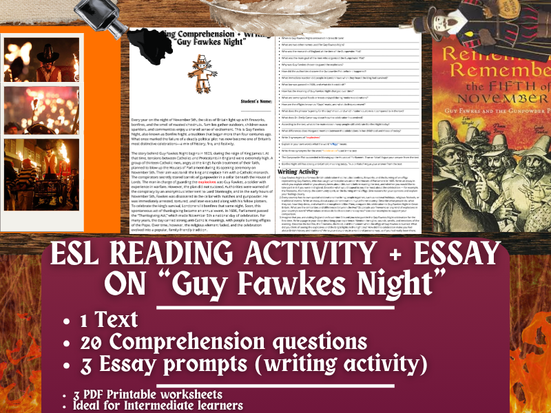ESL Reading Comprehension + Writing Activity Worksheets - Guy Fawkes Night