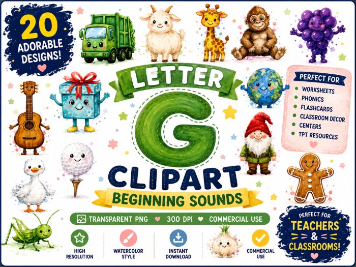 Letter G Clipart | Beginning Sounds Alphabet Clipart, watercolor png